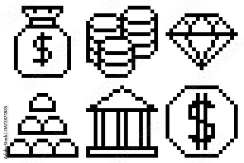 Set pixel finance icon vector for business, accounting, and monetary management. Useful for illustrating a collection of financial tools in a fun, retro, 8-bit aesthetic.