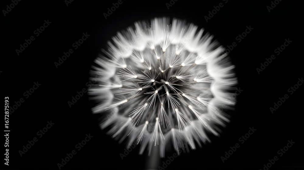 Fototapeta premium Dreamy dandelion seed head against black backdrop evokes peace and nature's delicate beauty