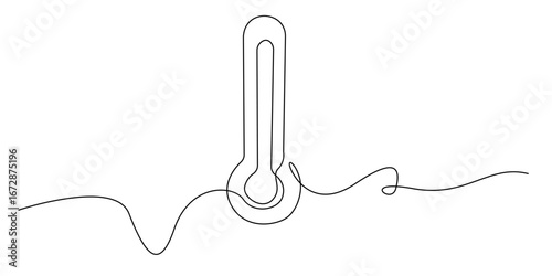 Minimalist continuous one line drawing of a thermometer. Simple linear style representing temperature, health check, or weather measurement in elegant design