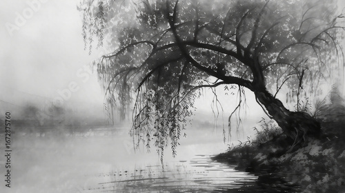 tree in the fog, Ink Wash Willow, Sumi-e Willow Tree, Misty Lakeside