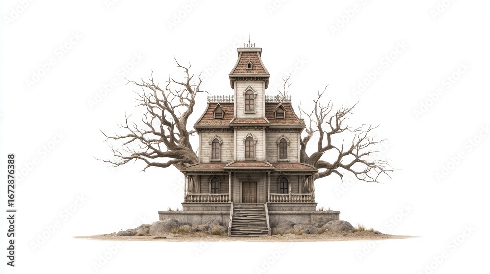Obraz premium Spooky Mansion with Twisted Trees and Grungy Facade on Isolated Landscape