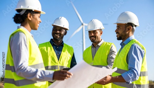 A team of engineers discussing on-site at a wind farm