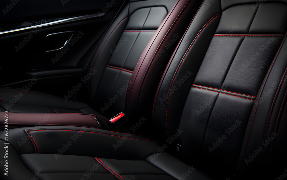 Obraz premium Interior of modern luxury sport car, featuring black leather seat with red stitching and seat belt. For car design.