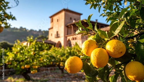 Lemon orchard with old building