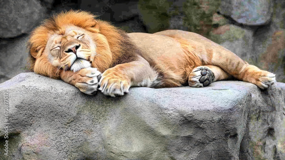 Obraz premium Majestic Lion Resting Peacefully on Rocky Surface in Natural Habitat