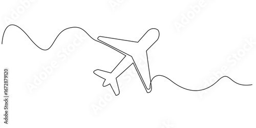 Continuous line drawing of an airplane, symbolizing travel, aviation, or vacation. Minimalist and modern style, perfect for tourism, air transport, or global business-related content.
