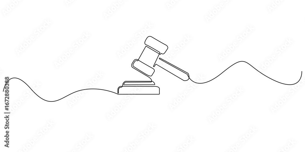 Obraz premium Continuous line drawing of a judge’s gavel, symbolizing law, justice, or legal decisions. Minimalist design suitable for court, legal services, auction, or authority-related concepts.
