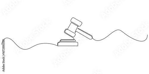 Continuous line drawing of a judge’s gavel, symbolizing law, justice, or legal decisions. Minimalist design suitable for court, legal services, auction, or authority-related concepts.