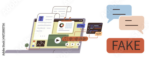 Open laptop displaying multimedia elements thumbs up code, charts, video, text, and tools conveying manipulation. Speech bubbles and fake label imply digital misinformation. Ideal for media