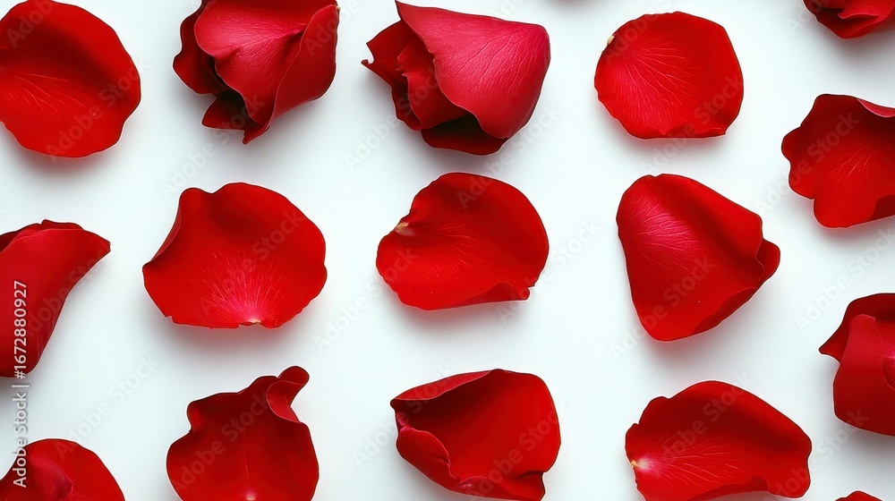 Fototapeta premium Vibrant Red Rose Petals Scattered on a White Background