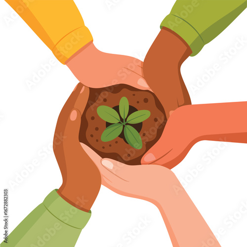 Adult and child hands holding seedling with soil in their palms top view, flat vector illustration representing ecology, growth, family support, nature care, sustainability and environmental themes