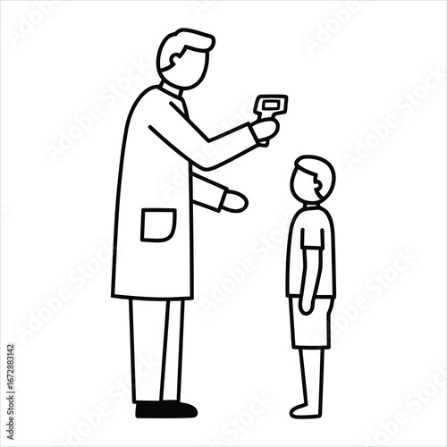 A medical professional in a lab coat carefully performing a routine temperature check on a young child using a digital thermometer, ensuring health and safety in a healthcare setting