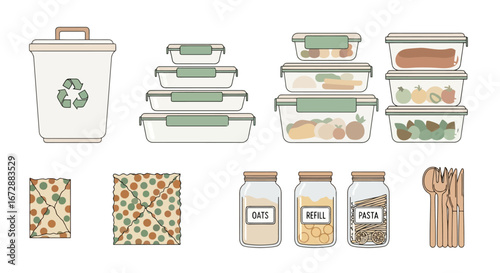 Sustainable Kitchen Essentials Featuring Reusable Containers, Jars, and Utensils for Eco-Friendly Food Storage and Waste Reduction Initiatives