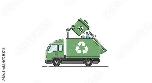 Green Recycling Truck Illustration for Environmental Awareness Campaigns and Sustainable Waste Management Initiatives Promoting Eco-Friendly Practices