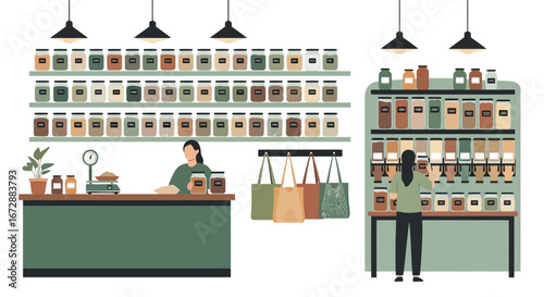 Sustainable Zero Waste Store Interior Design Featuring Bulk Bins, Eco-Friendly Products, and a Customer Choosing Items for Environmentally Conscious Shopping