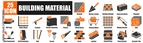 Building material icon pack collection set for Drywall, Mortar Trowel, Roofing Shingle, Concrete Block, Plywood.