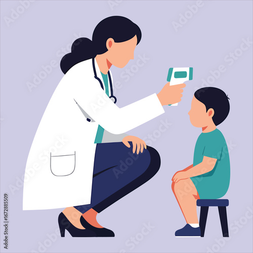 Doctor taking a child's temperature with a digital thermometer to check for fever and illness