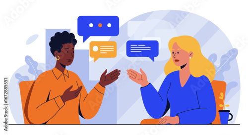 Dynamic diverse women in business meeting discussing ideas and strategy with speech bubbles, vector