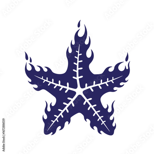 Stylized dark blue starfish resembling flames against a pure white background for design