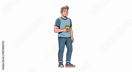 Confident young man holding coffee cup, casual style, ready for the day, modern lifestyle
