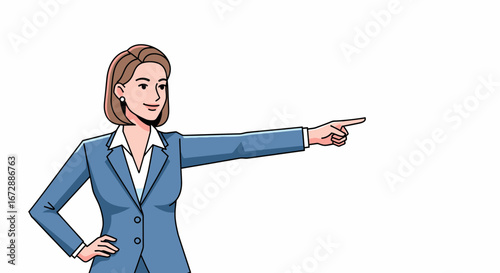Confident businesswoman pointing forward with decisive gesture, inspiring direction and leadership