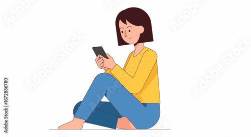 Young woman happily scrolling on smartphone while relaxing on floor, digital communication lifestyle