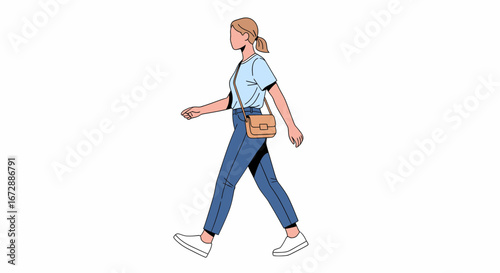 Stylish woman confidently walking with a crossbody bag, embodying modern casual lifestyle and freedom.