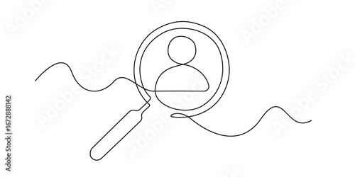 Continuous one line drawing of a magnifying glass focusing on a person icon. Minimalist outline style symbolizing user search, recruitment, human resources, or profile identification