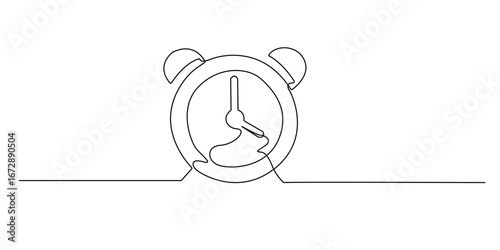 Continuous line drawing of an alarm clock,representing time,deadline,wake up,and punctuality.Minimalist style suitable for business concepts,schedules,reminders,education,and productivity themes