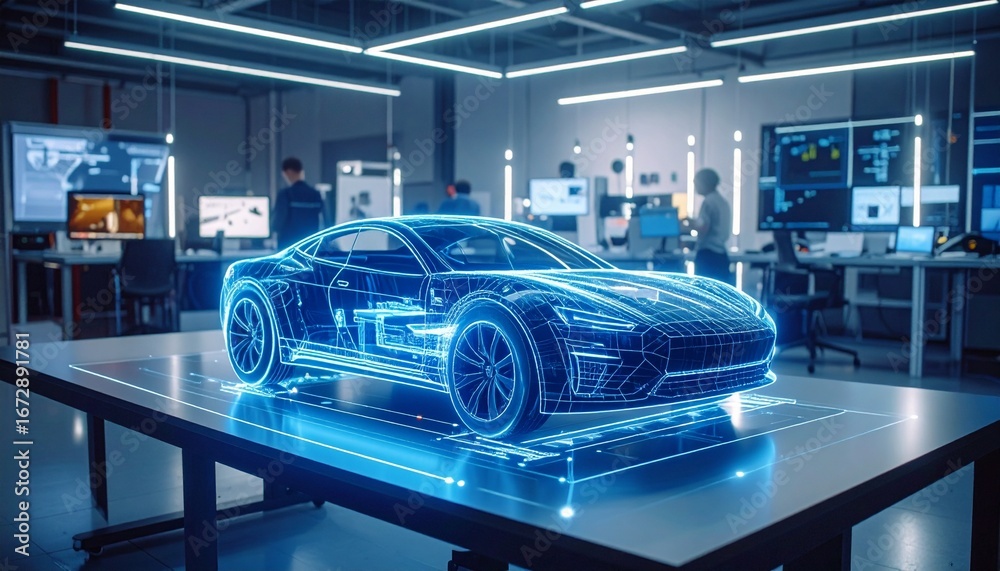 Obraz premium Futuristic Car Design in a Modern Tech Lab.