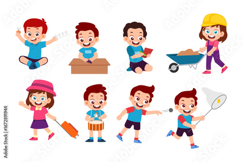 Set of cute little kids activities cartoon characters with little boy and girl catch butterfly, cut people paper, folding paper, glue paper, tap drum, throw stone, pull luggage, push wheelbarrow.