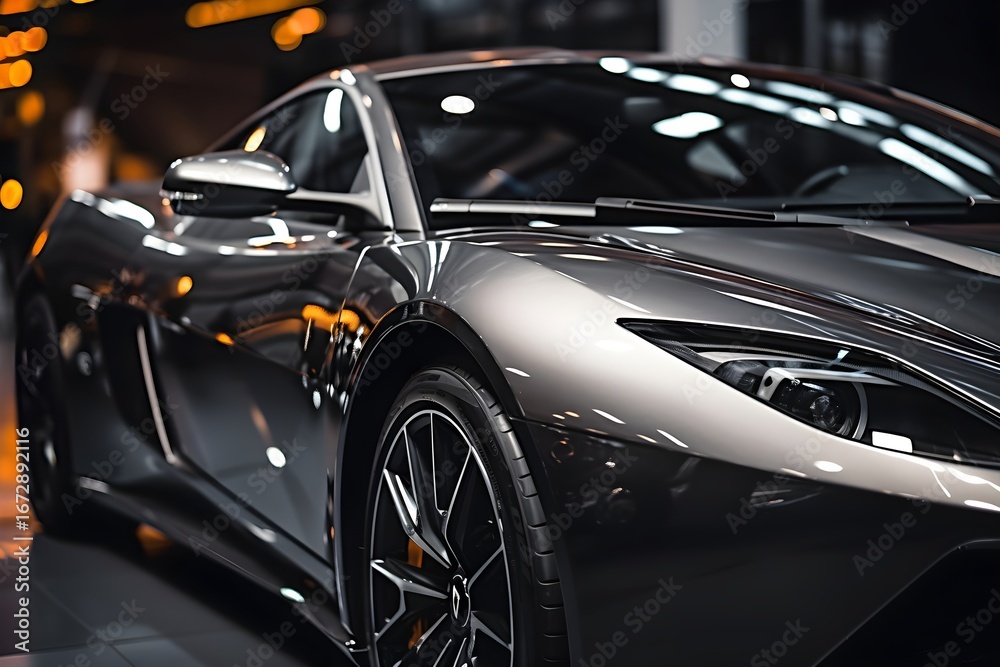 Fototapeta premium Close up of a luxury sport car headlight and front fender in a showroom or garage. Modern vehicle design and automotive technology.