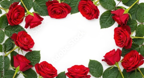 Frame of vibrant red roses with green leaves and water droplets on a white background