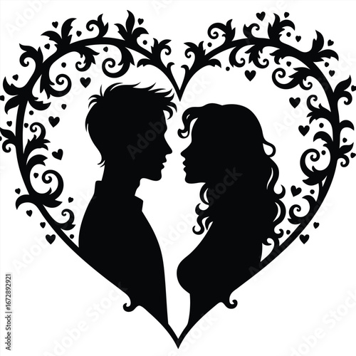 Black silhouette couple facing each other inside ornate heart