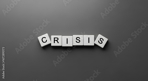 White tiles spelling out the word CRISIS on a dark background.