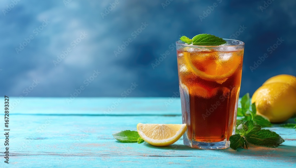 Fototapeta premium Iced tea with lemon and mint, on a blue wooden surface
