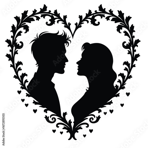Black silhouette couple facing each other within heart shaped floral frame