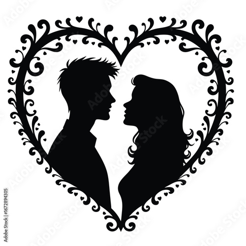 Black silhouette couple facing each other within ornate heart frame