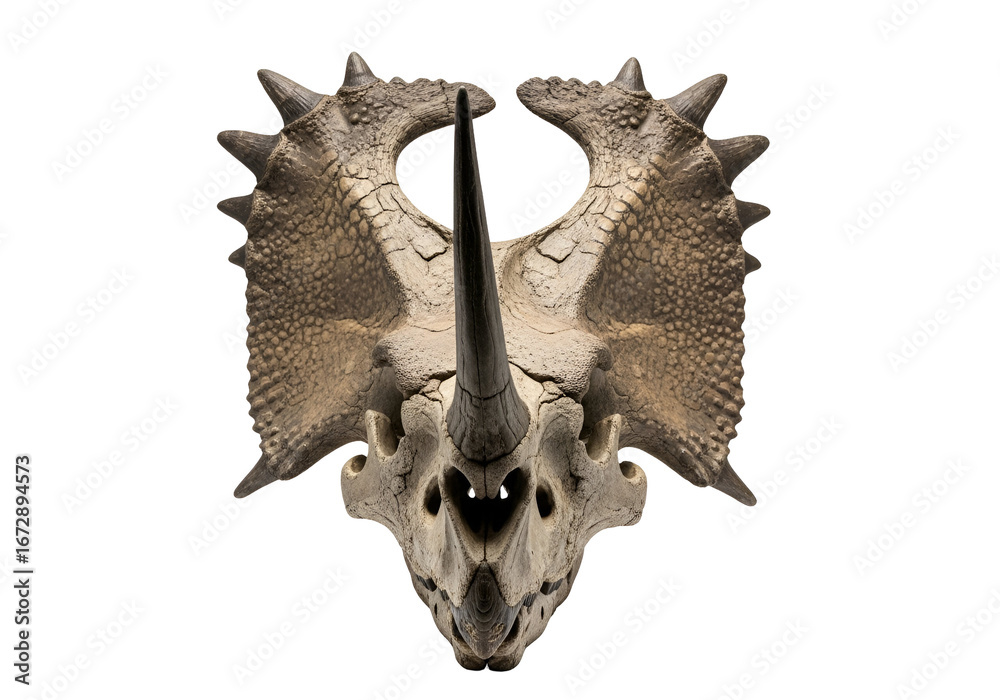 Obraz premium Detailed view of a dinosaur skull, showcasing intricate details and textures, set against a stark black backdrop.