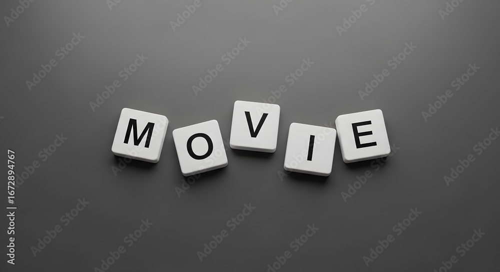 Obraz premium The word MOVIE spelled out with white letter tiles on a dark gray background.
