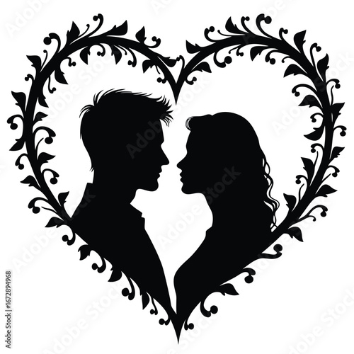Black silhouette couple facing each other within ornate heart frame