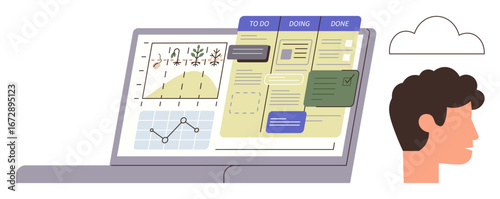 Open laptop displays task management board, graphs, and notes. Head silhouette symbolizes cloud connectivity. Ideal for productivity, collaboration, task organization, project tracking, agile