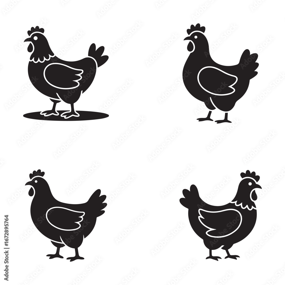 Fototapeta premium Four black and white chicken silhouettes.