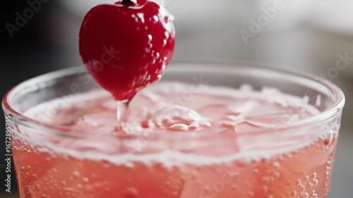 Hand adding cherry to a pink cocktail with ice in a glass close up view of a refreshing drink