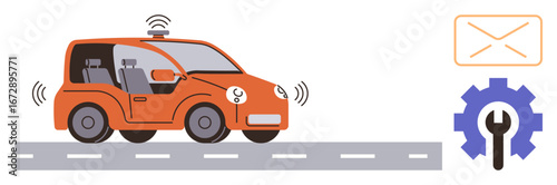 Orange autonomous car driving on road with sensors, transmitting data, mail icon, and gear. Ideal for technology, innovation, transport, sustainability, communication automation urban mobility