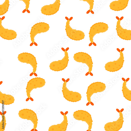 Japanese prawn tempura seamless pattern. Cute cartoon shrimp snack illustration. Crispy seafood doodle background design