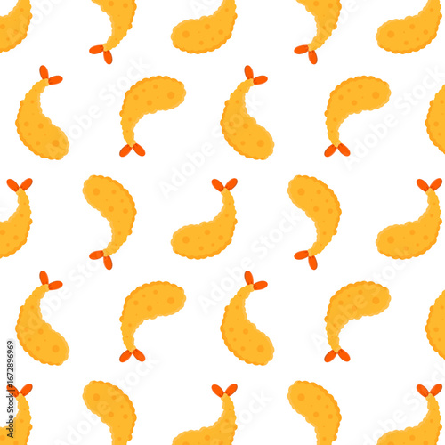 Japanese prawn tempura seamless pattern. Cute cartoon shrimp snack illustration. Crispy seafood doodle background design