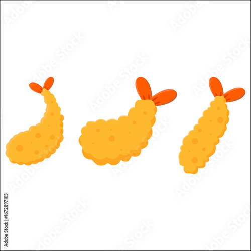 Japanese prawn tempura seamless pattern. Cute cartoon shrimp snack illustration. Crispy seafood doodle background design