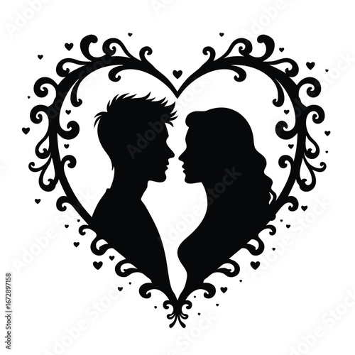 Black silhouette couple profile facing each other within ornate heart frame