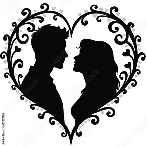 Black silhouette couple profile facing each other within ornate heart frame